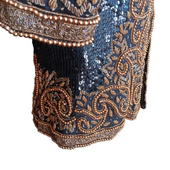 Small Vintage Bolero Jacket Black Gold Beaded Sequin Embroidery Patra - Picture 10 of 15